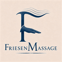 FriesenMassage – Logo mit stilisiertem F, Hand und Wellenlinien